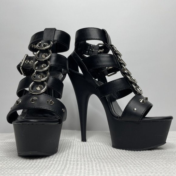 Pleaser Shoes Pleaser Delight 658 Studded Strappy Black Faux